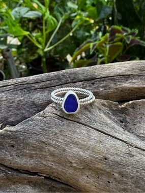 Blue sea glass Sea tumbled sea glass sterling & fine silver ring